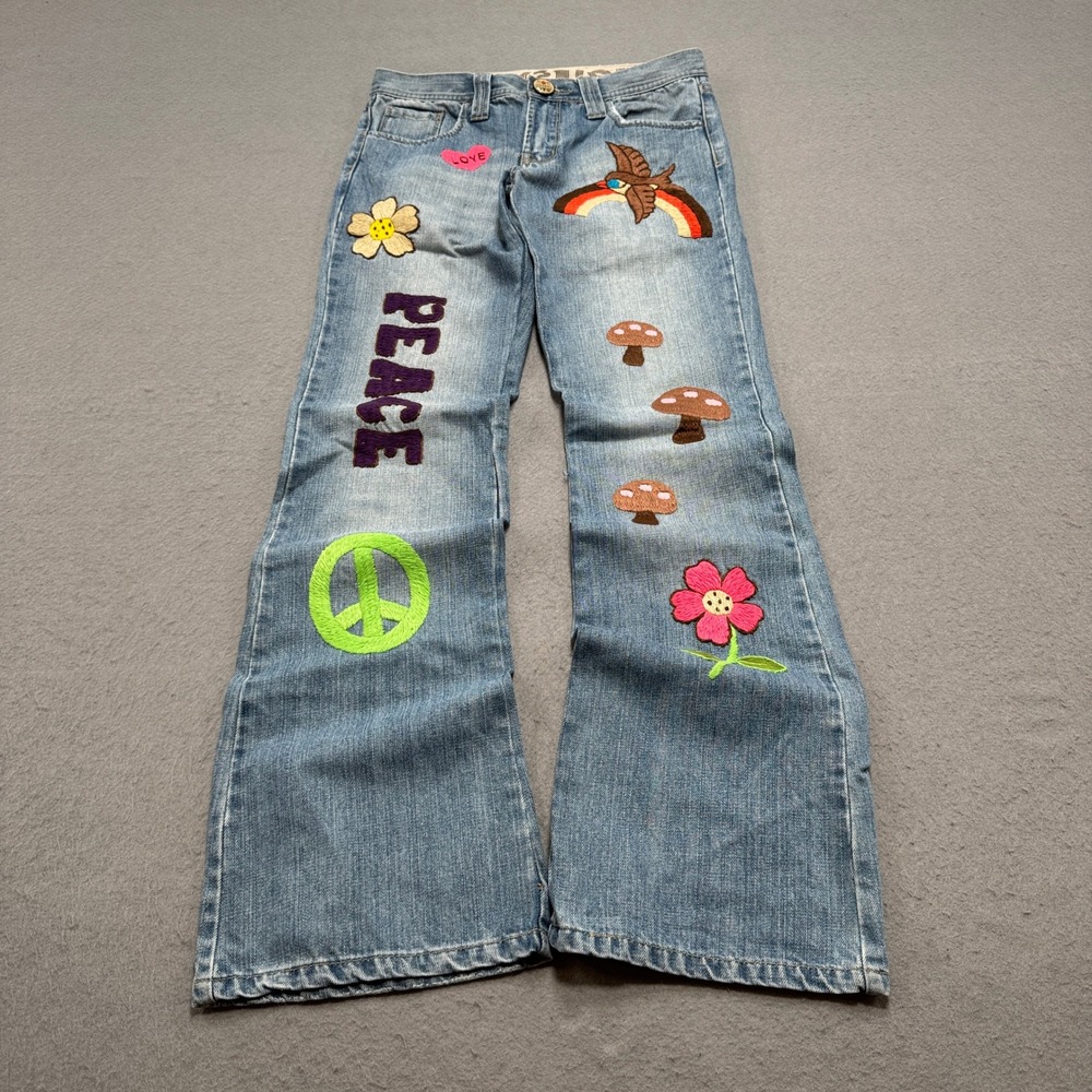 Flare Jeans Womens 25 Light Wash Mushroom Peace Rainbow Embroidered Y2K Joystick